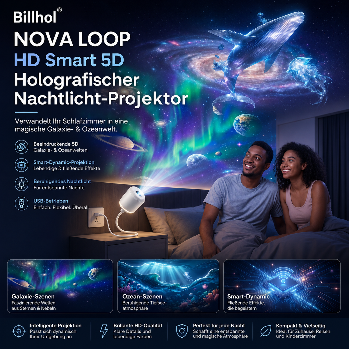 Billhol® Nachtlicht-Projektor – Intelligenter holografischer Sternprojektor🔴